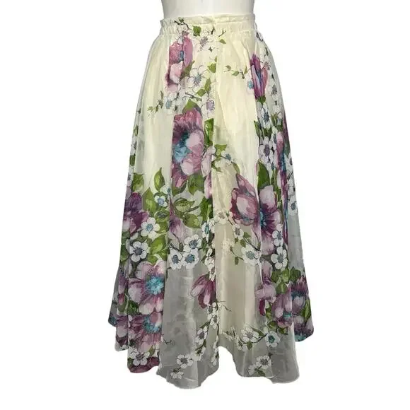 Vintage 70s Romantic Floral Maxi Skirt Pink Purple Sheer Overlay Small - Picture 4 of 5